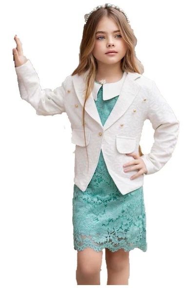 Kız Çocuk Sahte Cepli Blazer Ceket Dantelli Çiçek Işlemeli Bebe Yakalı Yeşil Elbise - 3