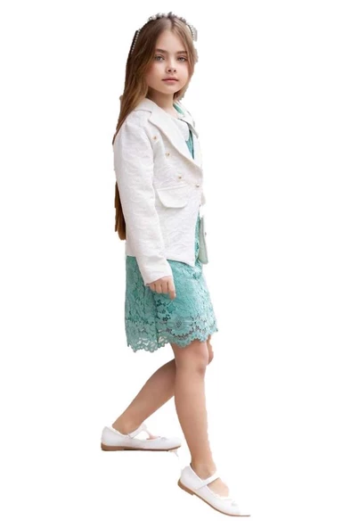 Kız Çocuk Sahte Cepli Blazer Ceket Dantelli Çiçek Işlemeli Bebe Yakalı Yeşil Elbise - 2