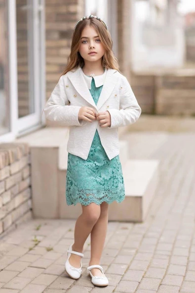 Kız Çocuk Sahte Cepli Blazer Ceket Dantelli Çiçek Işlemeli Bebe Yakalı Yeşil Elbise - 5