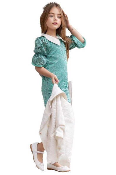 Kız Çocuk Sahte Cepli Blazer Ceket Dantelli Çiçek Işlemeli Bebe Yakalı Yeşil Elbise - 4