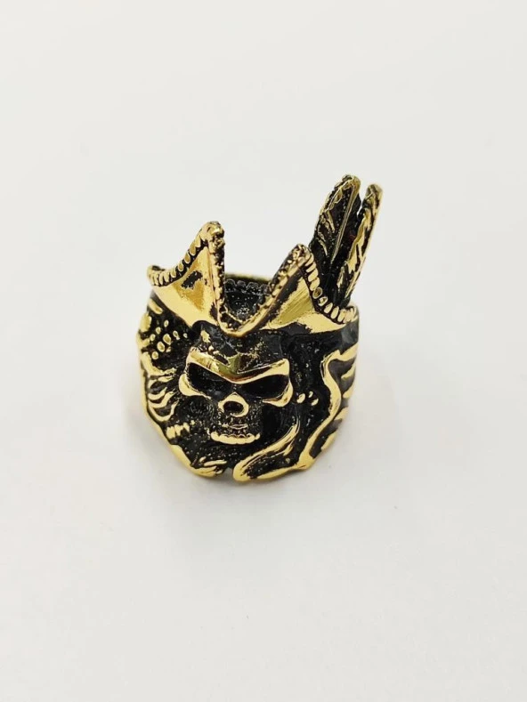 Kızılderili Tüyü Ve Kuru Kafa Erkek Çelik Yüzük - 3