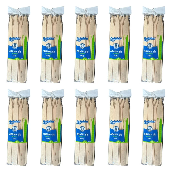 Dolphin Bambu Ahşap Adana Çöp Şiş - Boy : 24 Cm. / En : 2 Cm. - 25 Adetlik 10 Paket