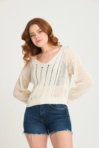 Kadın Ajurlu V Yaka Triko Kazak Ekru - 2