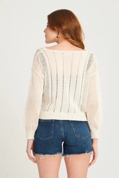 Kadın Ajurlu V Yaka Triko Kazak Ekru - 5