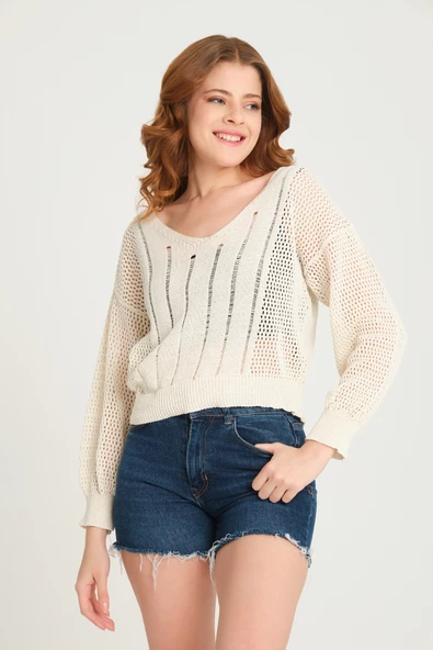 Kadın Ajurlu V Yaka Triko Kazak Ekru