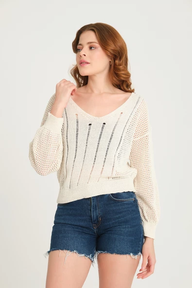 Kadın Ajurlu V Yaka Triko Kazak Ekru - 3