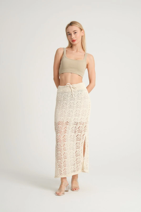 Kadın Ajurlu Triko Etek Ekru - 2