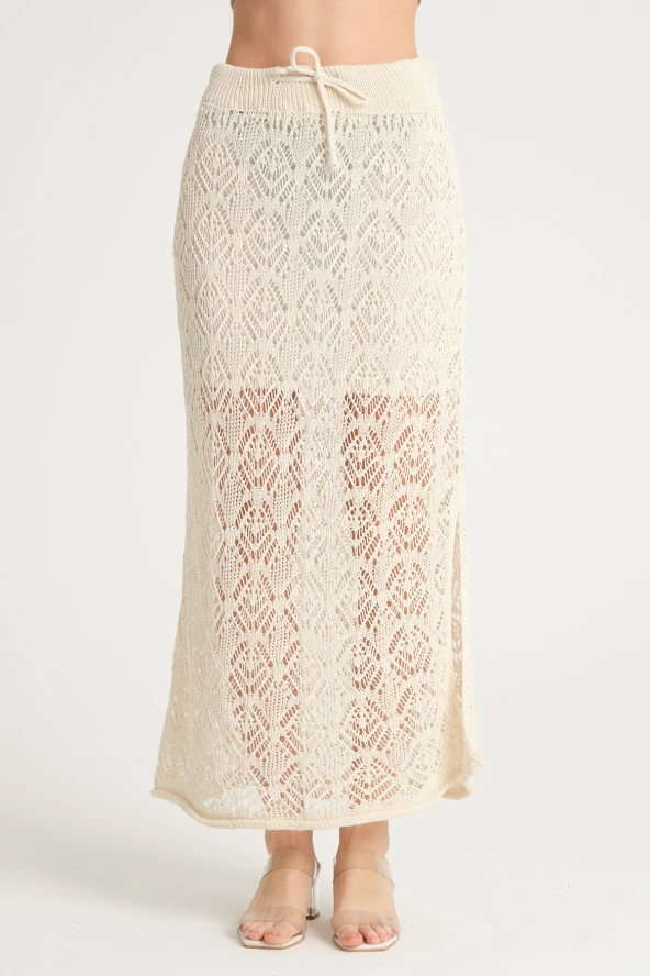 Kadın Ajurlu Triko Etek Ekru - 4