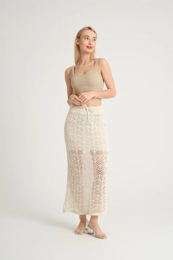 Kadın Ajurlu Triko Etek Ekru - 3