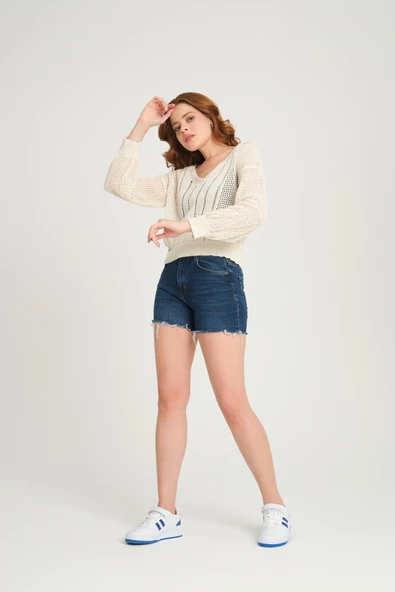 Kadın Ajurlu V Yaka Triko Kazak Ekru - 4