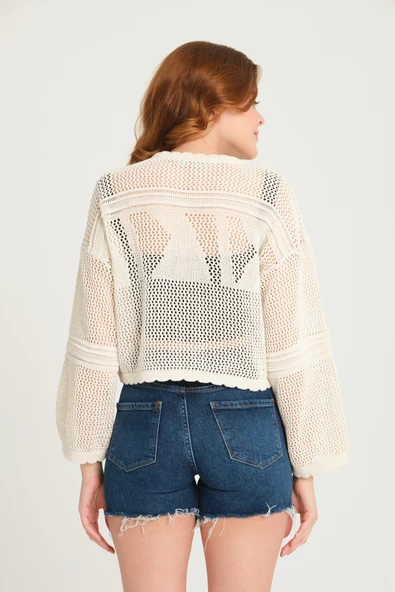 Kadın Ajurlu Crop Triko Kazak  Ekru - 5