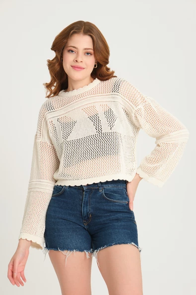 Kadın Ajurlu Crop Triko Kazak  Ekru