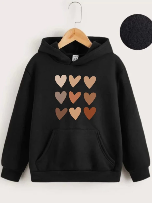 Çocuk Unisex Kapüşonlu Mini Kalpli Baskılı Sweatshirt - Siyah