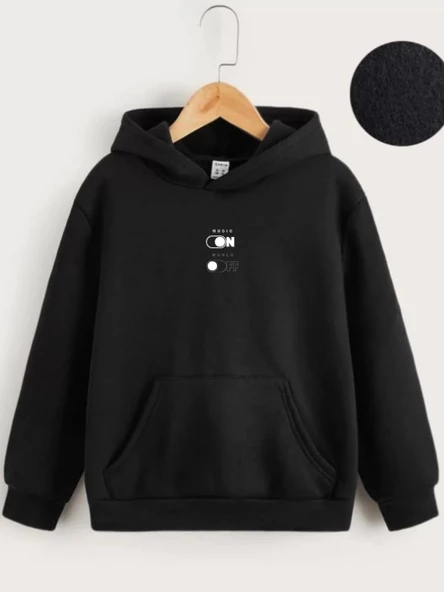 Çocuk Unisex Kapüşonlu Music On-Off Baskılı Sweatshirt - Siyah