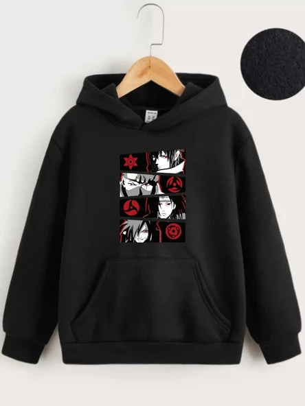 Çocuk Unisex Kapüşonlu Anime Baskılı Sweatshirt - Siyah