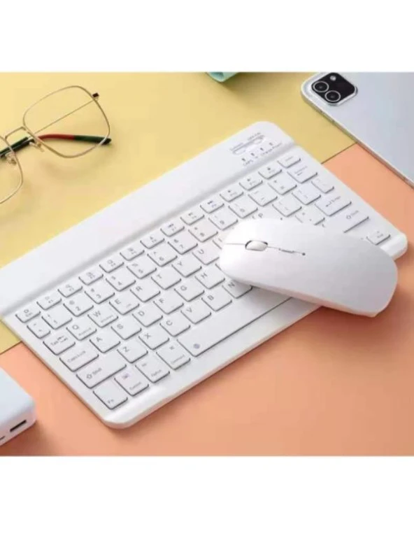 Xiaomi Mi Pad 2 7.9" Uyumlu Kablosuz Bluetooth Şarj Edilebilir Mini Q Klavye Mouse Seti - Beyaz