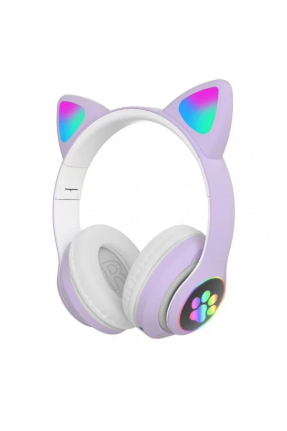 Bluetooth 5.0 Mikrofonlu Kablosuz Yüksek Ses Akıllı Led Işıklı Kedi Patili Rgb Mor Kulaklık