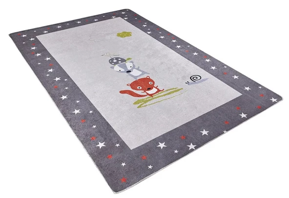 Çocuk Halısı ve Bebek Halısı Yıkanabilir Kaymaz Taban Figürlü Gri Dijital Baskı Halı HC052   - 3