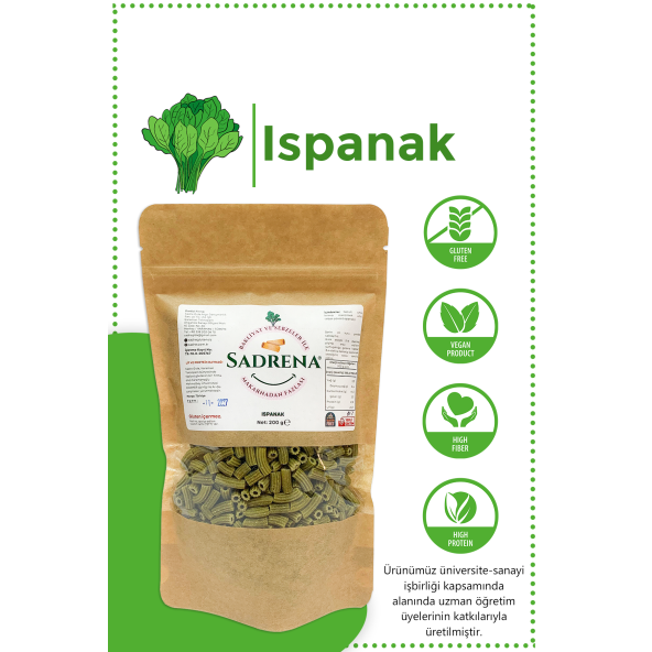 SADRENA Glutensiz & Vegan Yüksek Protein ve Lif İçeren Ispanaklı Makarna 200gr.