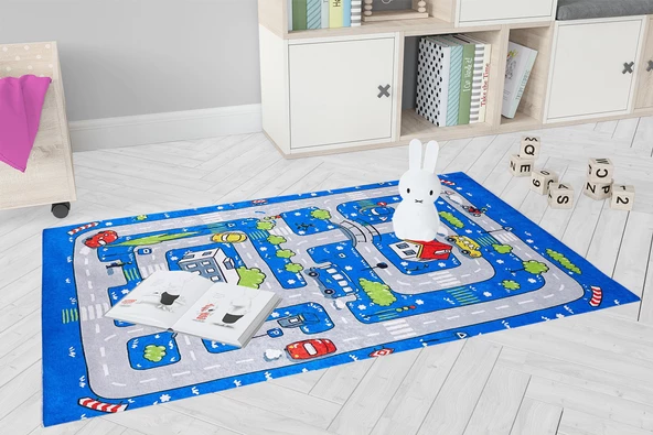 Çocuk Halısı ve Bebek Halısı Yıkanabilir Kaymaz Taban Figürlü Mavi Dijital Baskı Halı HC057   - 6