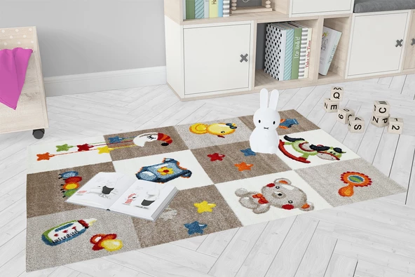 Çocuk Halısı ve Bebek Halısı Yıkanabilir Kaymaz Taban Figürlü Kahverengi Dijital Baskı Halı HC064   - 3