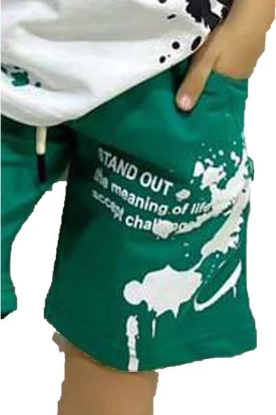 Erkek Çocuk Fırça Boya Desenli Cepli Yeşil Şortlu Takım - Resim 3