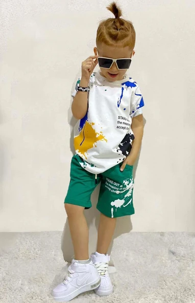 Erkek Çocuk Fırça Boya Desenli Cepli Yeşil Şortlu Takım - Resim 4