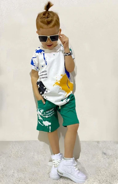 Erkek Çocuk Fırça Boya Desenli Cepli Yeşil Şortlu Takım - Resim 5