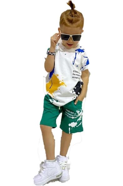 Erkek Çocuk Fırça Boya Desenli Cepli Yeşil Şortlu Takım ürün görseli