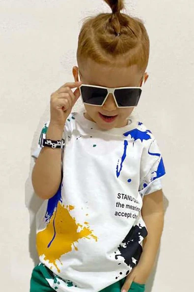 Erkek Çocuk Fırça Boya Desenli Cepli Yeşil Şortlu Takım - Resim 6