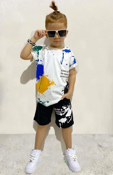 Erkek Çocuk Fırça Boya Desenli Cepli Siyah Şortlu Takım - Resim 4