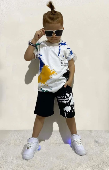 Erkek Çocuk Fırça Boya Desenli Cepli Siyah Şortlu Takım - Resim 5