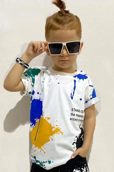 Erkek Çocuk Fırça Boya Desenli Cepli Siyah Şortlu Takım - Resim 6