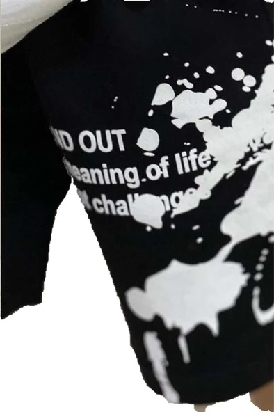 Erkek Çocuk Fırça Boya Desenli Cepli Siyah Şortlu Takım - Resim 3