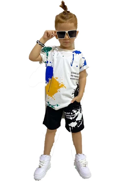 Erkek Çocuk Fırça Boya Desenli Cepli Siyah Şortlu Takım ürün görseli