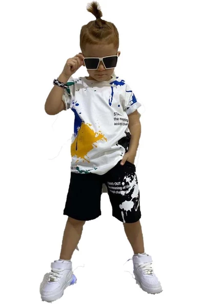 Erkek Çocuk Fırça Boya Desenli Cepli Siyah Şortlu Takım - Resim 2