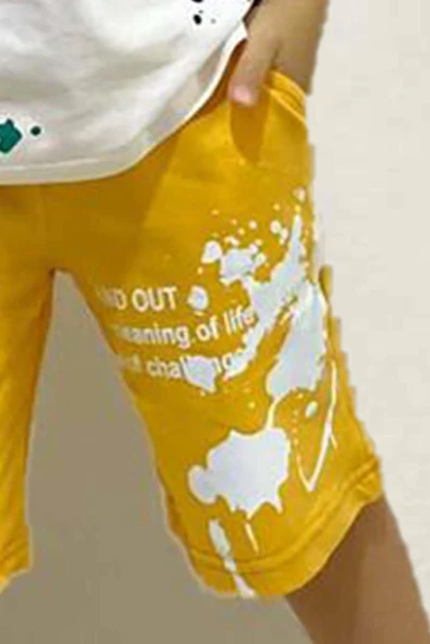 Erkek Çocuk Fırça Boya Desenli Cepli Sarı Şortlu Takım - Resim 7