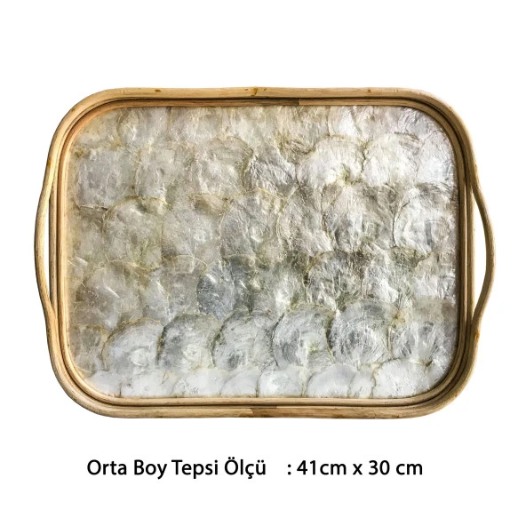 Rattan Dekoratif El Yapımı Sedef Tepsi  Orta Boy 1 Adet
