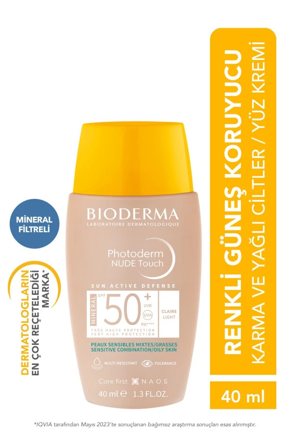 BIODERMA Photoderm Nude Touch SPF50+ Light Karma Yağlı Ciltler Kapatıcı Etkili Renkli Güneş Kremi 40 ml 3701129803448