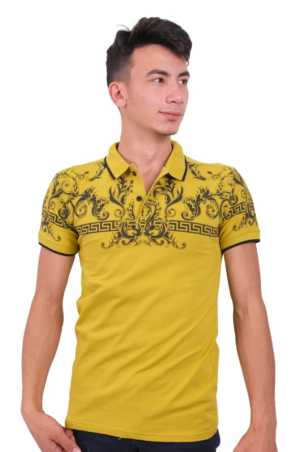 Erkek Polo Yaka Desenli Sarı Tişört