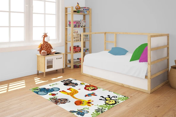 Çocuk Halısı ve Bebek Halısı Yıkanabilir Kaymaz Taban Figürlü Beyaz Dijital Baskı Halı HC073 - 2