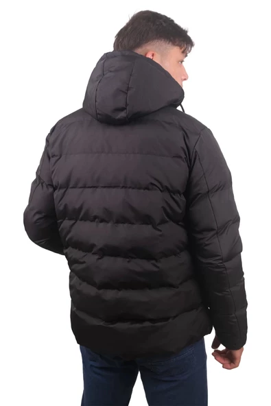 Erkek Özel Dolum Kapüşonlu Siyah Kaban 13 - Resim 3