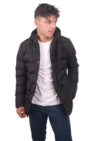 Erkek Özel Dolum Kapüşonlu Siyah Kaban 13 - Resim 2