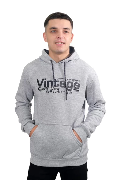 Erkek Vıntage Gri Kapüşonlu Sweatshirt 216