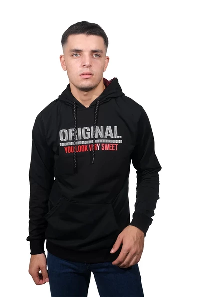 Erkek Orıgınal Siyah Kapüşonlu Sweatshirt 207