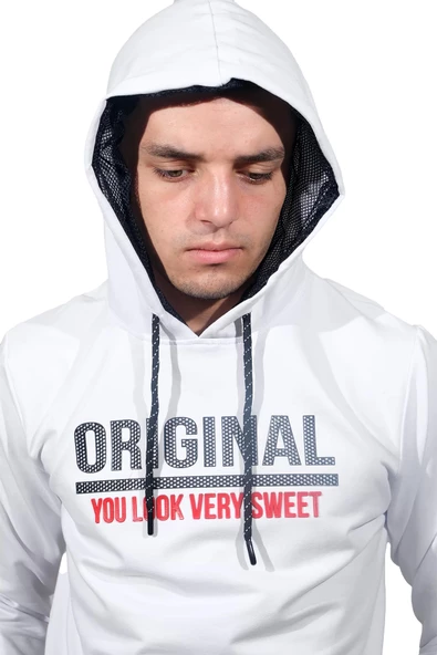 Erkek Orıgınal Beyaz Kapüşonlu Sweatshirt 209