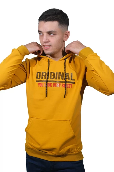 Erkek Orıgınal Sarı Kapüşonlu Sweatshirt 213