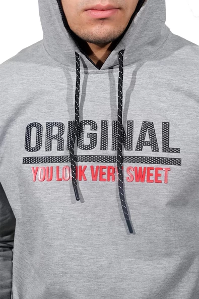 Erkek Orıgınal Gri Kapüşonlu Sweatshirt 206