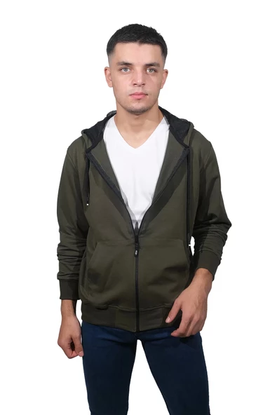 Erkek Basic Fermuarlı Kapüşonlu Haki Sweatshirt 4