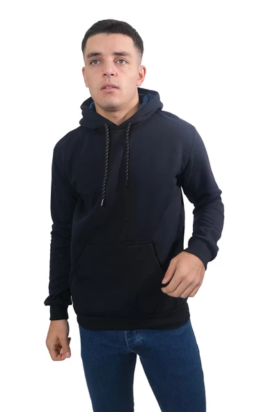 Erkek Basic Lacivert Kapüşonlu Sweatshirt 242